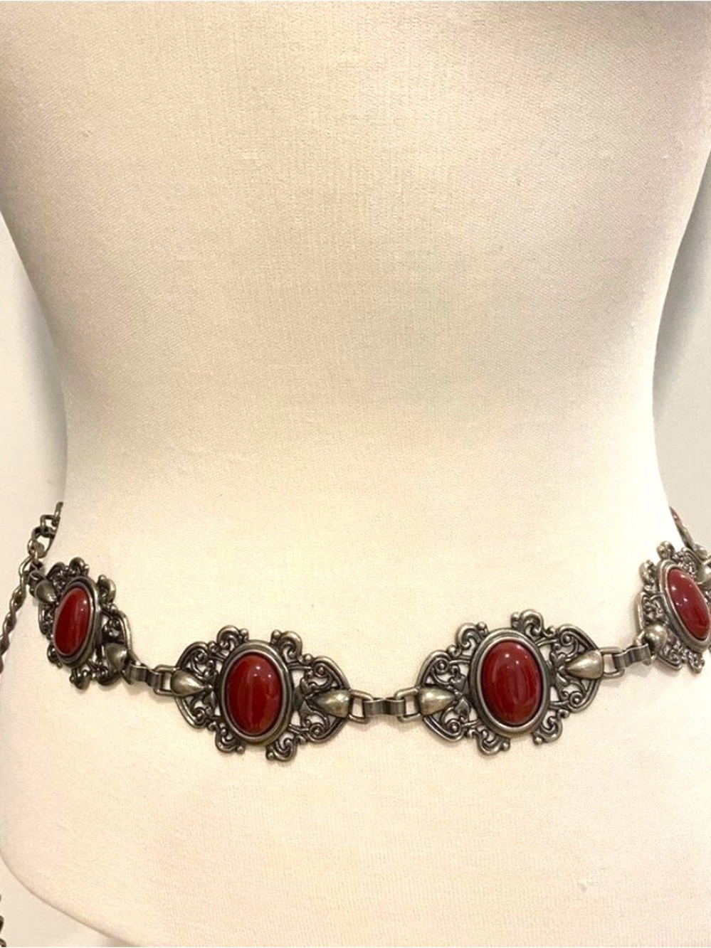 Vintage Boho Brass/Silver-Tone Cabochon Chain Belt 1980sโ1990s Statement one siz